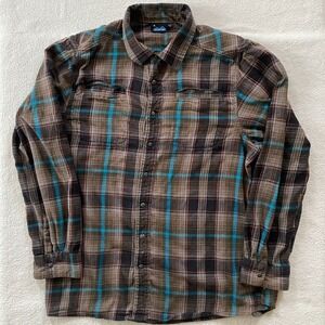 Kavu Pearl Snap Flannel Shirt Men's Size XL Brown Blue Plaid Gorpcore Cabincore
